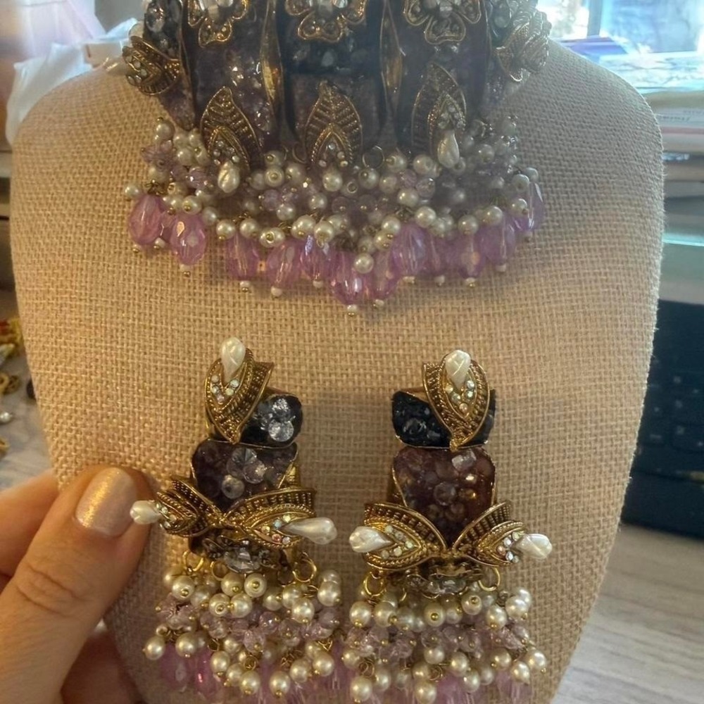 Indian Bridal Choker Necklace Earrings Set Purple Gold Pearl Beaded Jewelry Set